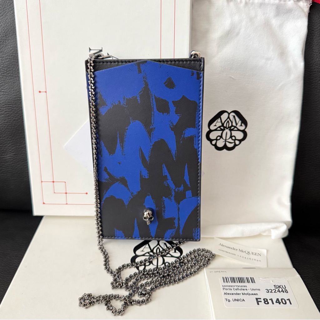 Nwt Alexander Mcqueen Skull Graffiti Leather Phone Bag Crossbody Black Blue